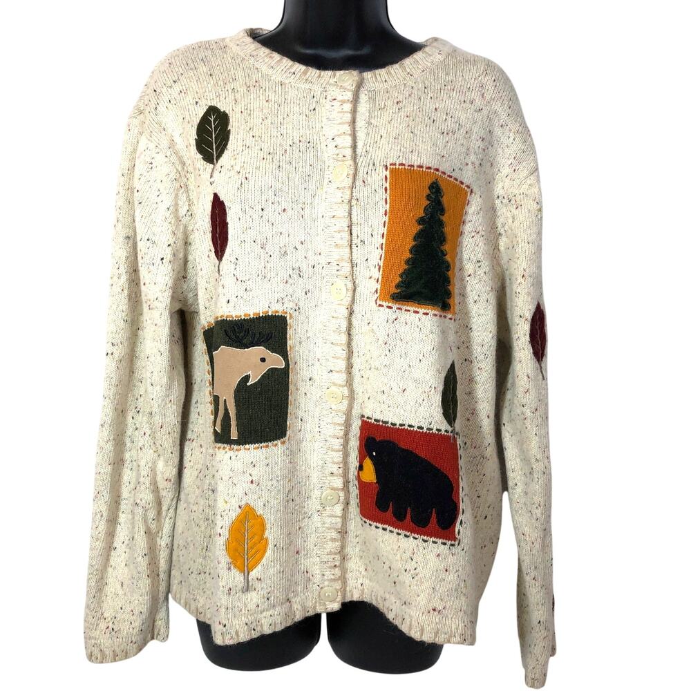 Vintage Cream Speckled Cardigan with Woodland Appliqués